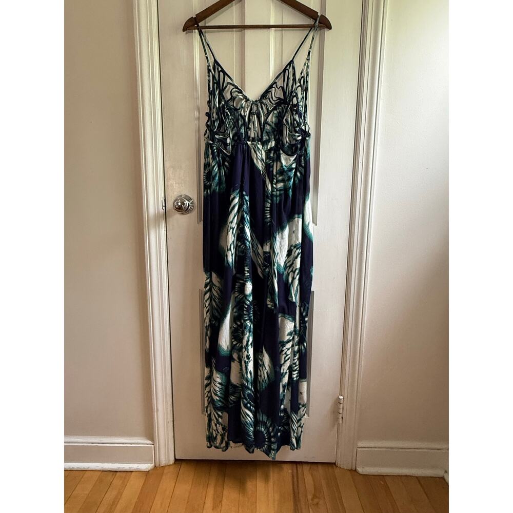 Anthropologie Dolan Eliska Maxi Dress XL Blue Green Abstract Tie Dye Strappy EUC - Picture 3 of 6